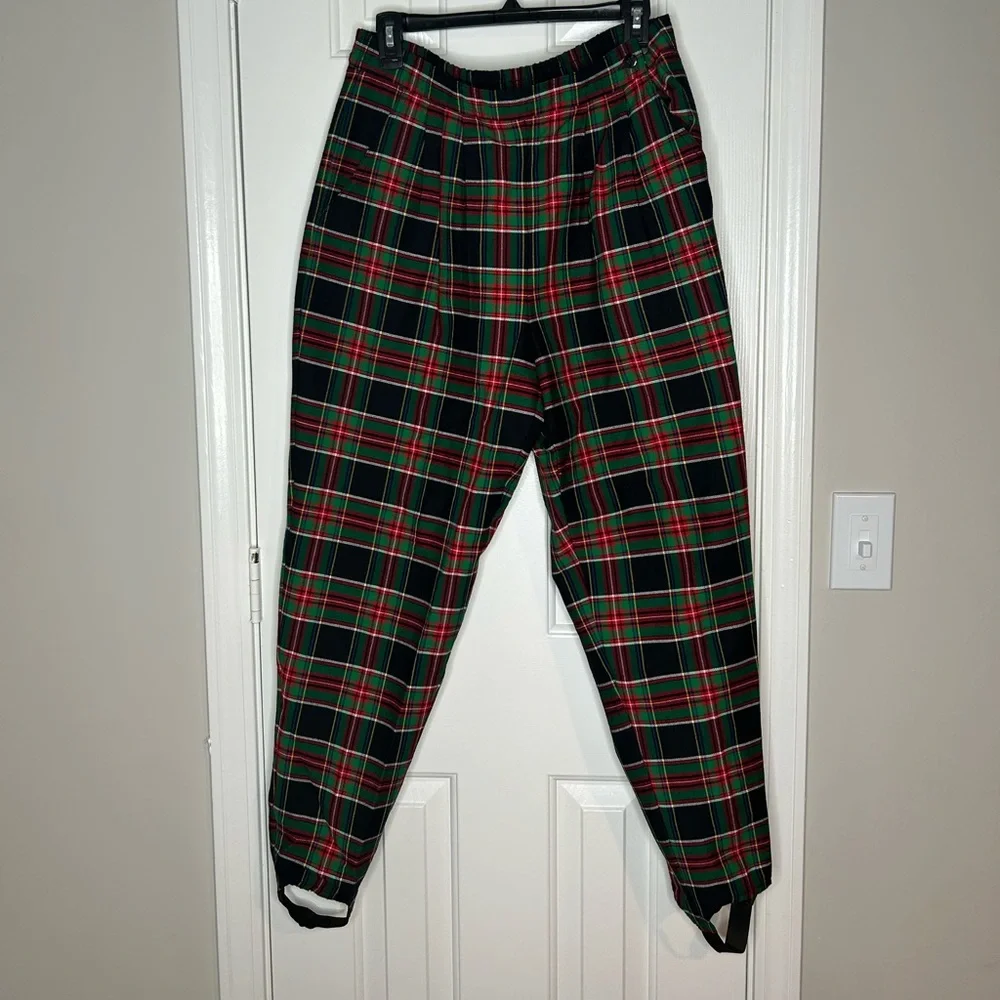 Vintage‎ 90s Red green and black plaid Stirrup Pants Karen Scott sz 12